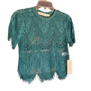 NWT Bishop + Young Teal Lace Short Sleeve Top Size Medium
